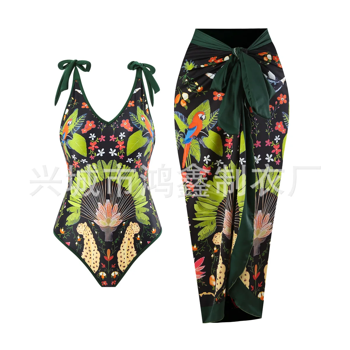 

2025 new Langqi European and American bikini two-piece set hip gauze skirt women's swimwear retro printed swimsuit