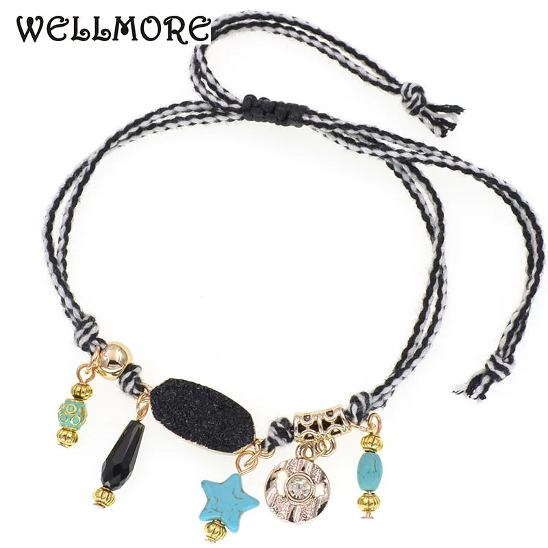 WELLMORE Bohemia anklets for women 8 colors handmade Rope chain charm stone star anklet bracelet fashion foot jewelry wholesale