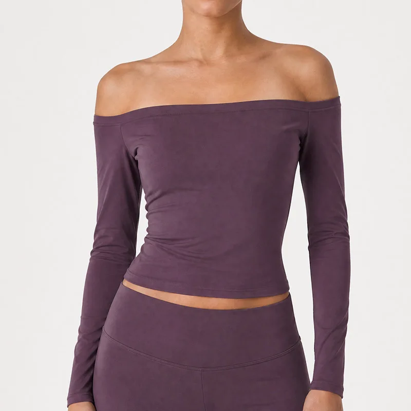 Women Off Shoulder Long Sleeve Yoga Crop Top Soft Bodycon Quick Dry Sports T‑Shirt Pilates Gym Workout Fitness Active Clothes