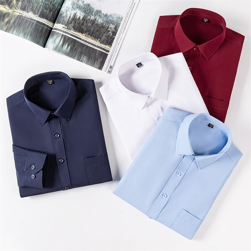 Business Casual Long Sleeve Shirt Breathable Anti-Wrinkle Men's Workwear Blue White Professional Attire for Youth Wear 6XL-7XL