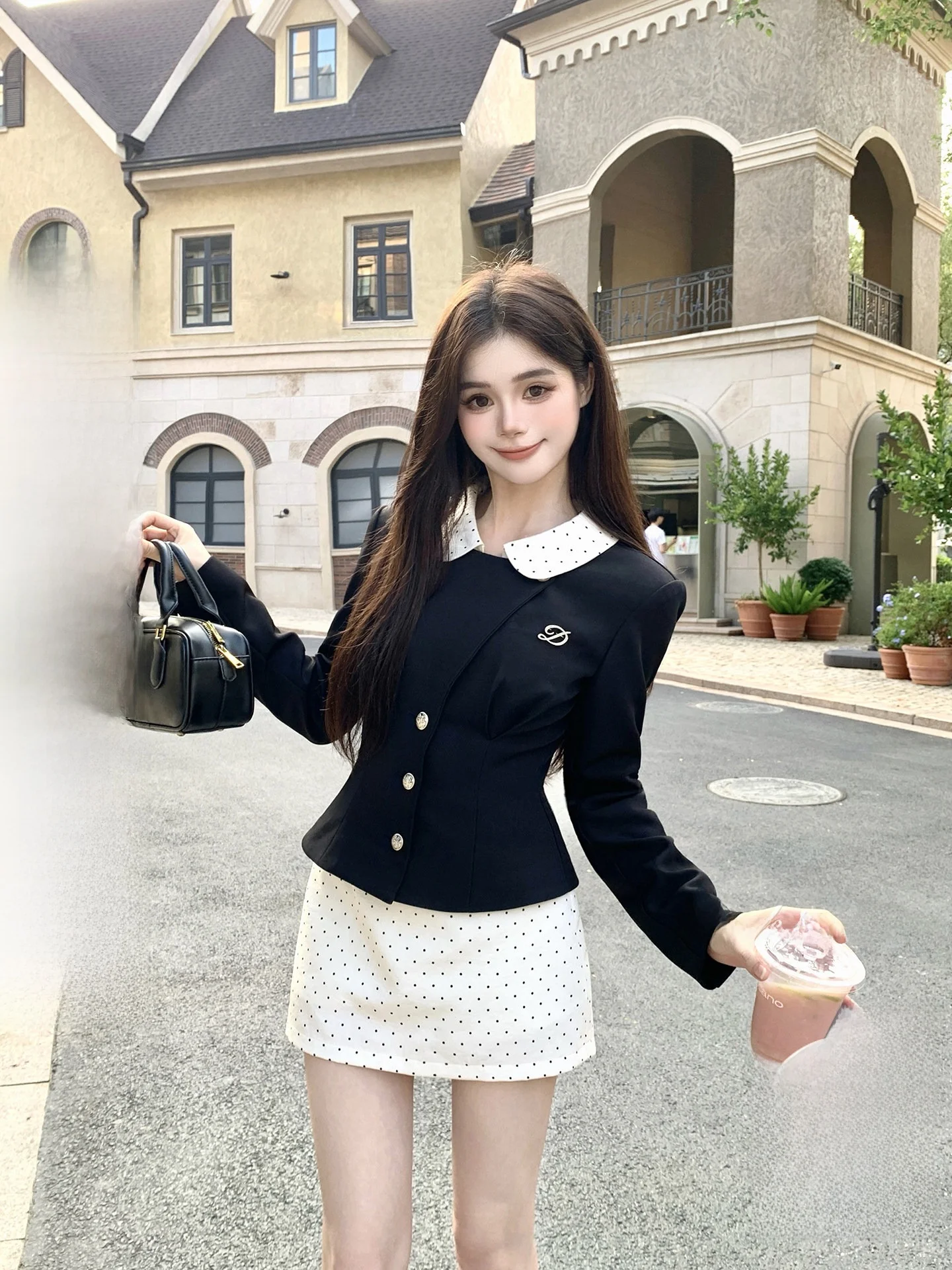 

Slimming Waistcoat Women's Faion Polka Dot Collar Patchwork ort Coat Ladylike Sle Polyester Long Sve Autumn Outerwear