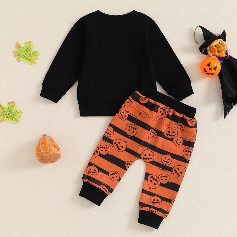 Toddler Boy Halloween Costume Ghost Printed Hoodie and Pants Set with Spooky 3D Bow for Autumn Winter Dress-Up