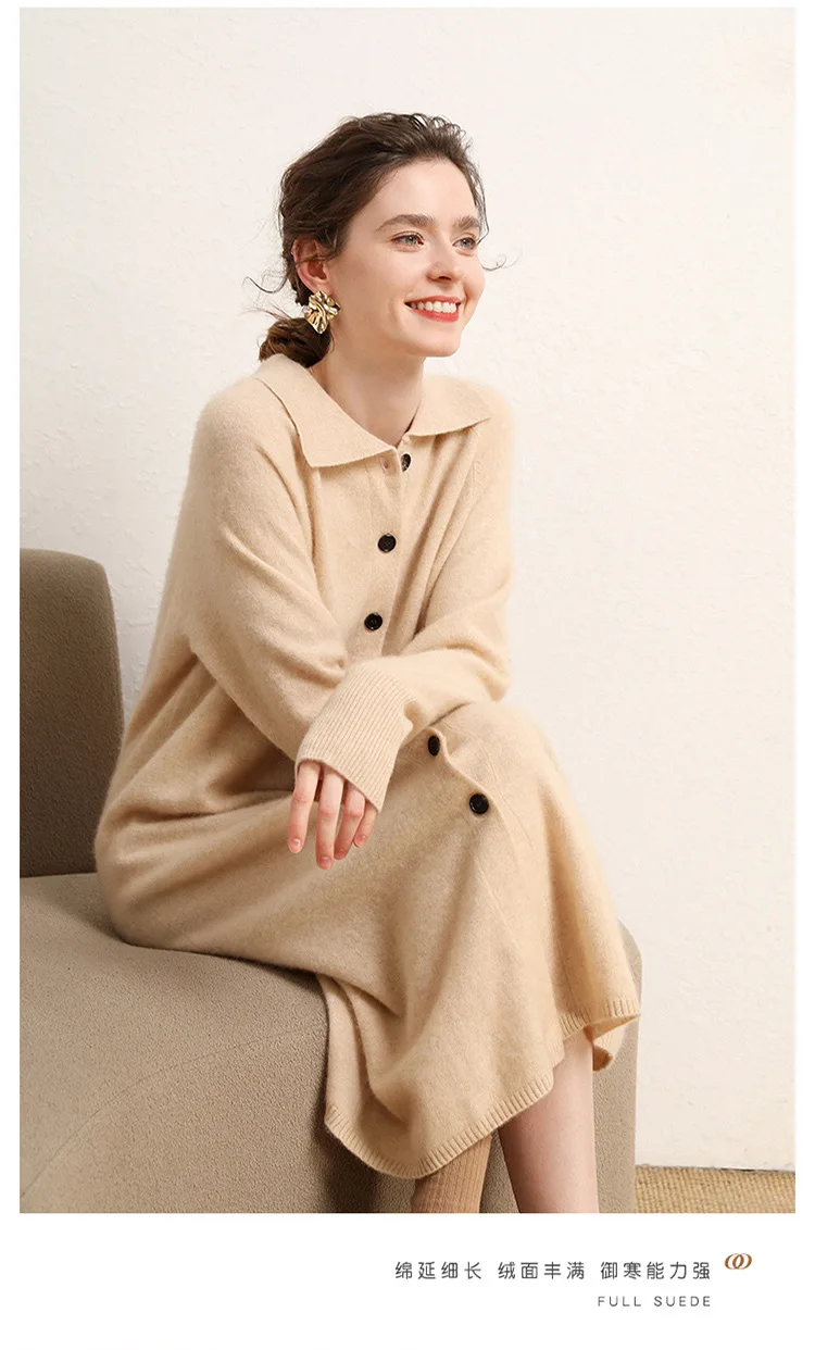 Sukienka kaszmirowa jesień-zima damska golf sweter długi wełniany kardigan dzianinowy spódnica średniej długości luźna sukienka damska plus size