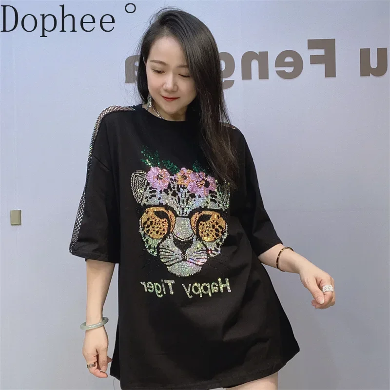 Shiny Tiger Hot Drilling Women Tshirts 2025 New Spring Summer Hollow Out Mesh Half Sleeve Loose Pullover Top Black Casual Tees