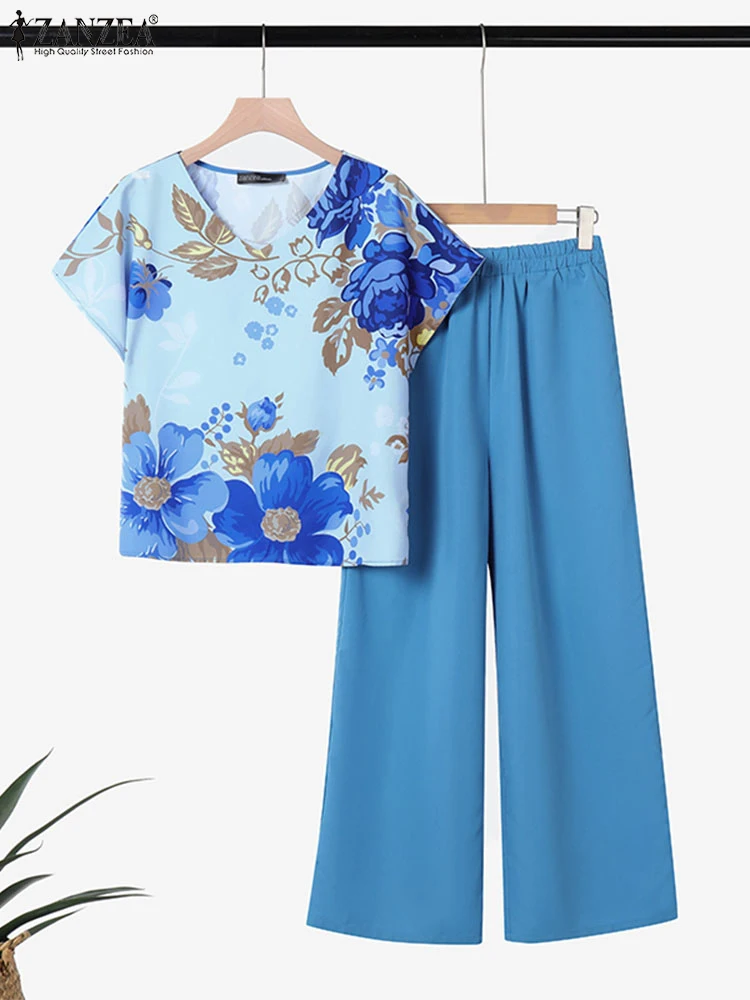 

ZANZEA Summer Commute 2PCS Outfits Casual Wide Leg Pants Women Floral Printed V-Neck Short Sleeve Blouses Pant Sets 2 Piece Sets