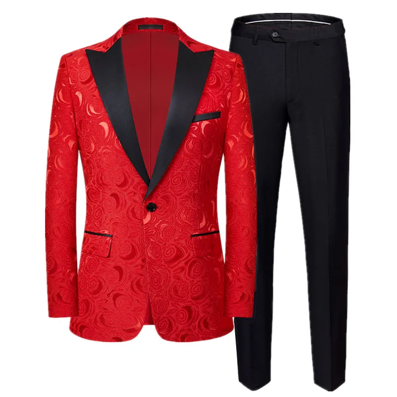 High End Gentleman Jacquard Suit Men Clothing Red Black White Fashion Luxury Male Wedding Party Dress Slim Fit Blazer and Pants