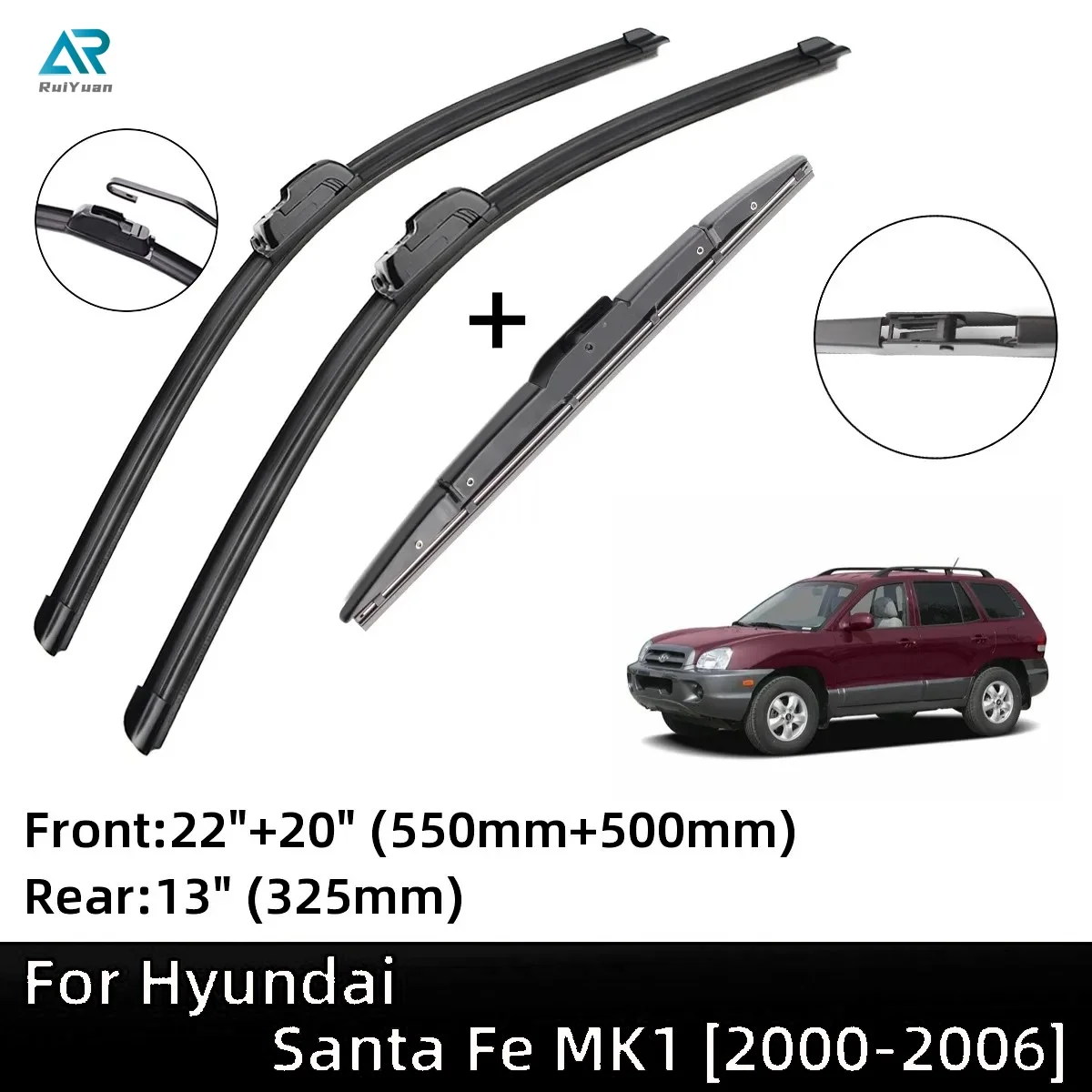 

For Hyundai Santa Fe MK1 2000-2006 Front Rear Wiper Blades Brushes Cutter Accessories J Hook 2000 2001 2002 2003 2004 2005 2006