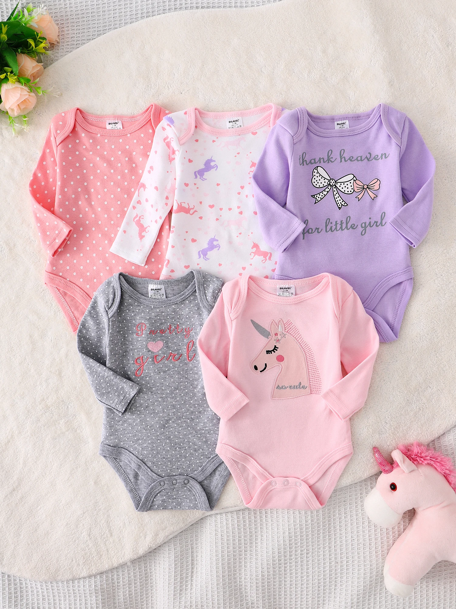 Baby-Mädchen-Strampler, 5-teilig, neuer Stil, Baby-Mädchen-Kleidung, Frühling/Herbst, langärmeliger Strampler aus Baumwollstoff, geeignet für 0–12 Monate – Detail 1