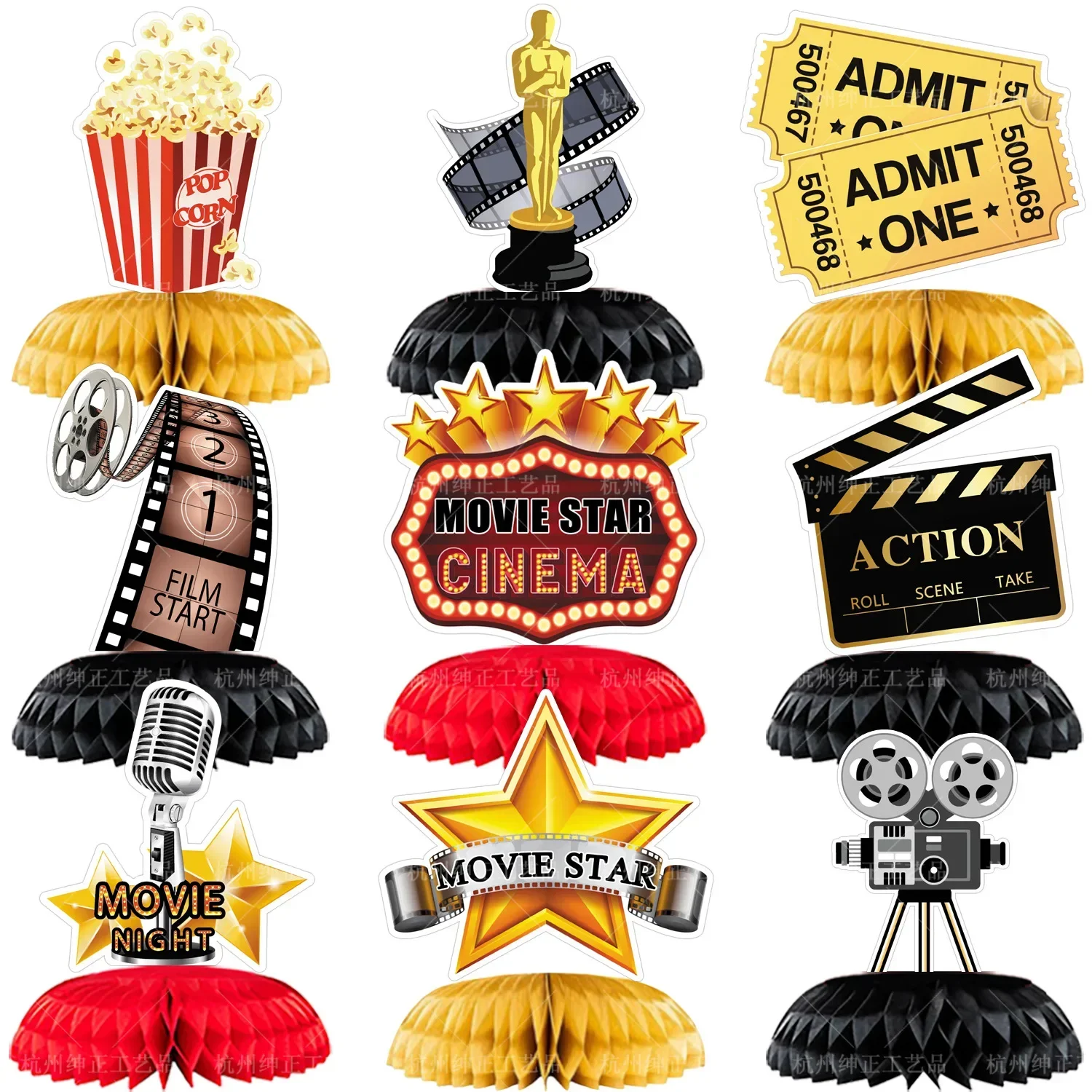 

Movie Night Theme Honeycomb Centerpieces, Movie Party Decorations, Ticket, Popcorn Table Ornament, Birthday Supplies, 9Pcs