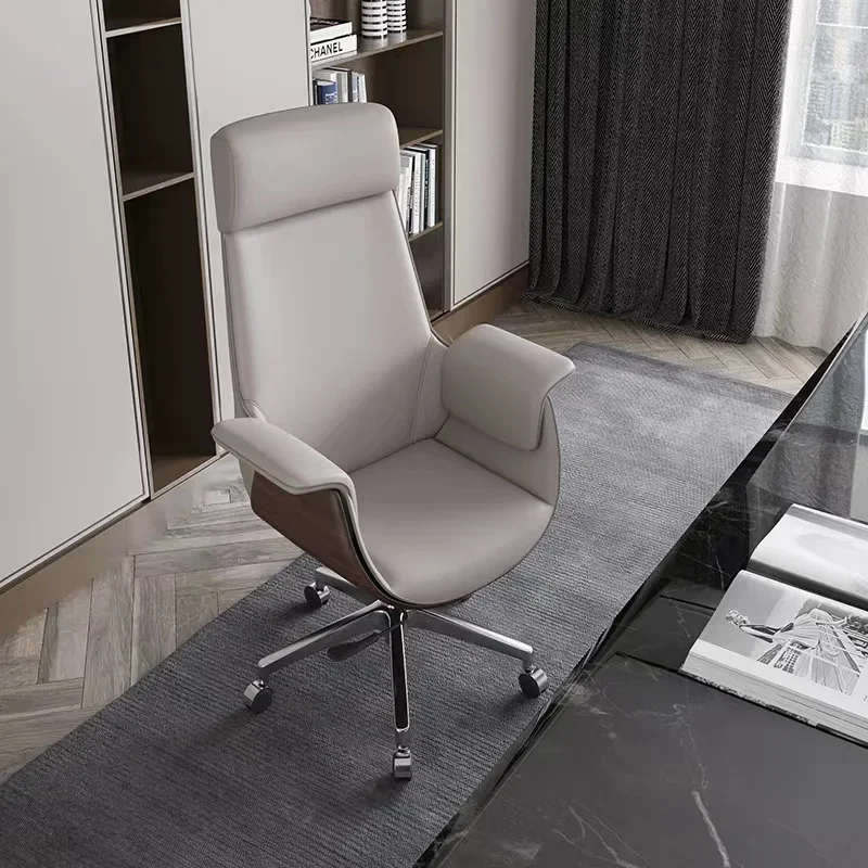 Silla de oficina ergonómica de lujo, silla de oficina giratoria ajustable de cuero Simple, moderna, muebles de habitación de madera maciza