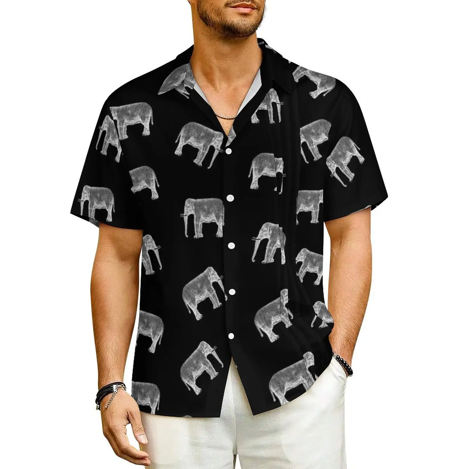 

Retro Elephant Beach Shirt Fun Animal Print Hawaiian Casual Shirts Men Retro Blouses Short-Sleeve Korean Fashion Custom DIY Tops