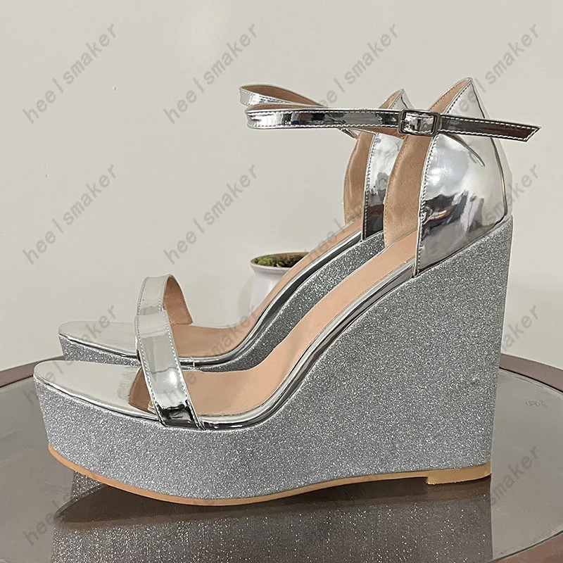 Sukeia Real Photos Women Platform Sandals Glitter Wedges Heels Round Toe Gorgeous Silver Prom Party Shoes US Plus Size 5-20