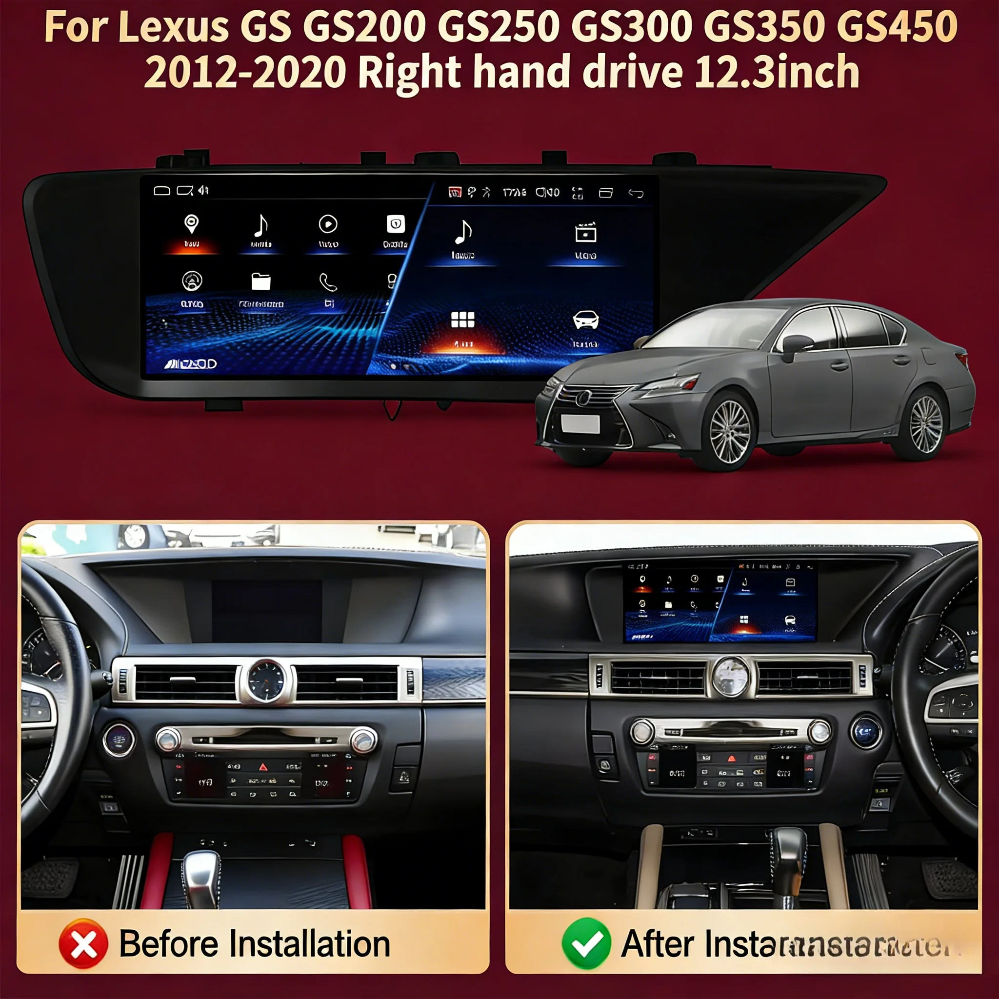 12.3inch RHD Snapdragon 685 Screen For Lexus GS GS200 GS250 GS300 GS350 GS450 2012-2020 Car Radio Wireless CarPlay Multimedia