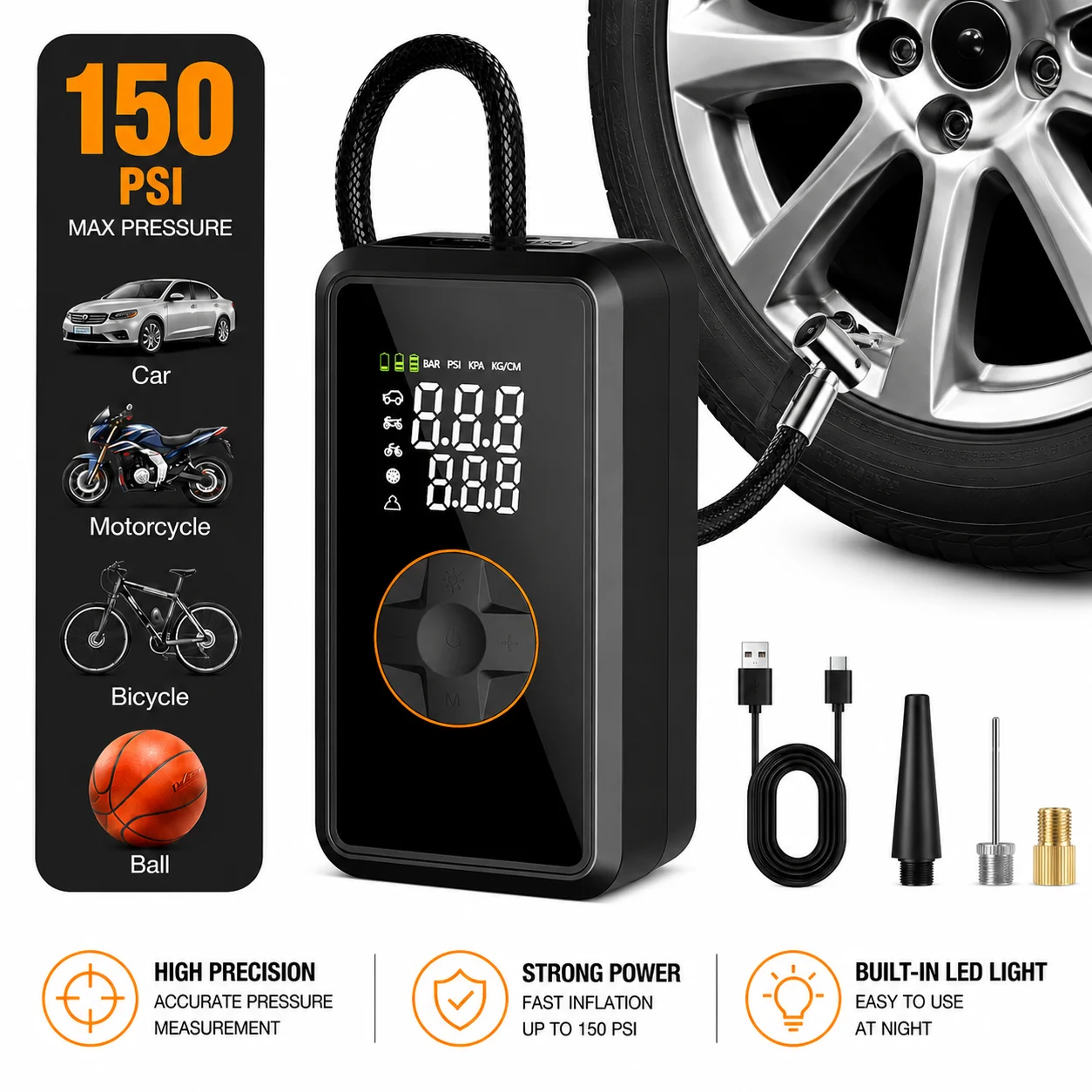 LEIBOO 150PSI Cordless Tire Inflator Portable Air Compressor Electric Car Pump with Digital Gauge for Bike Motorcycle Tire Ball