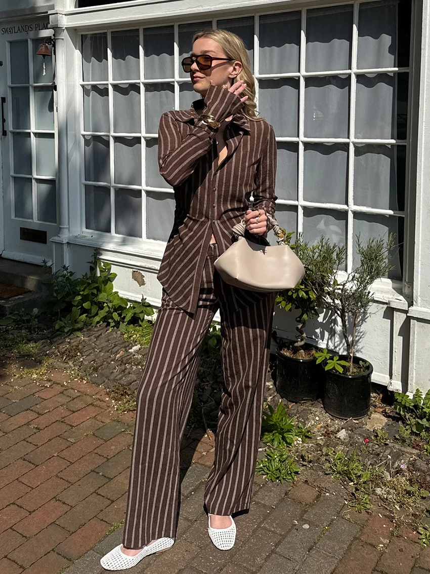 

Marthaqiqi Casual Women Nightwear Set Turn-Down Collar Pajamas Long Sleeve Sleepwear Pants Striped Ladies Nightgowns Suit Brown