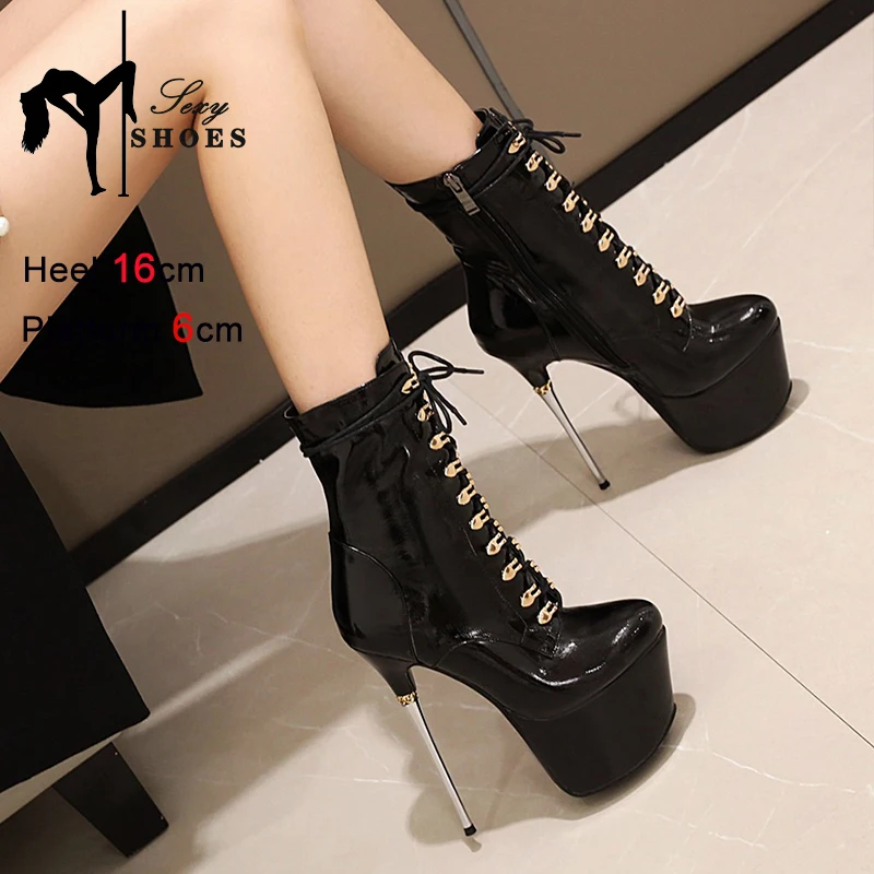 Winter Sexy Women\'s Ankle Boots Black Platform Zip Metal Stiletto Heels 16CM Strip Pole Dancing Shoes Warm Club Party Lady Shoes