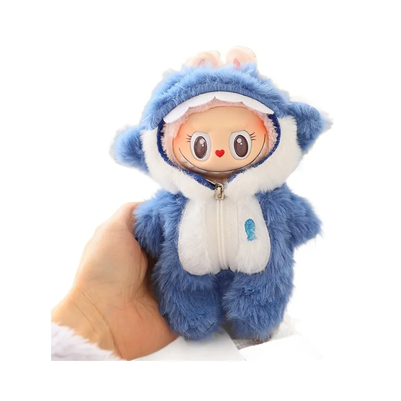 Labubu Poppenkleertjes Baby Blue Shark Jumpsuit Labubu I II I II Idool Poppen 15/17 cm Pluche Poppenkleertjes Zitten Feestaccessoires