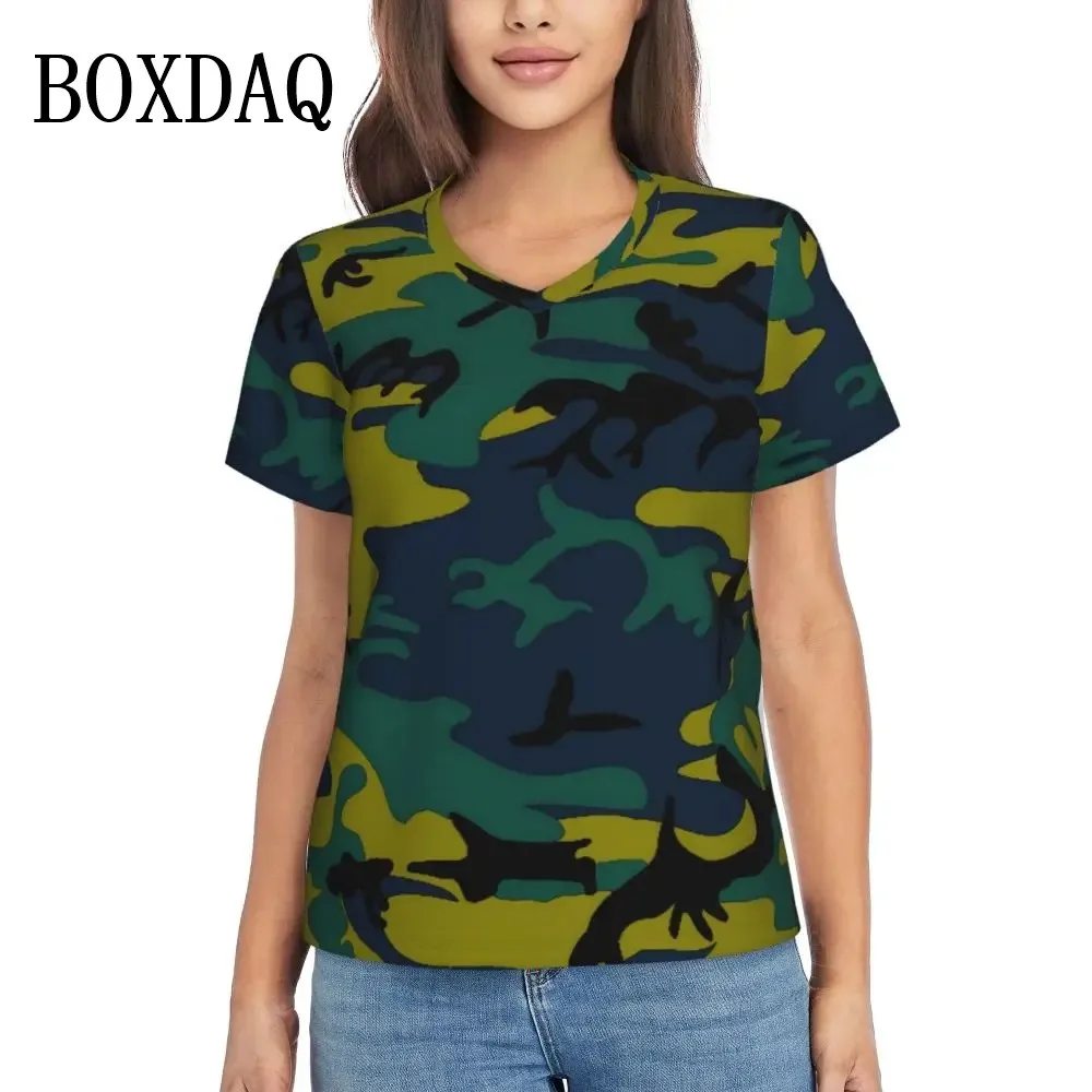 Womens T-Shirt Sexy Camo Tee Shirt Orange Blue Camouflage Elegant T-Shirts Short Sleeve V Neck Classic Graphic Oversized Clothes