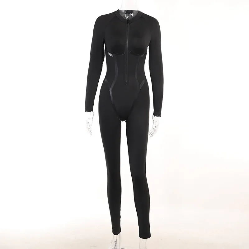 New Sports Leather Zipper Tight Hip Jumpsuit Women Spring Long Sleeve Patchwork Ribbon Split Line Rompers Streetwear Overalls