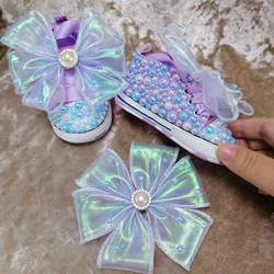 El yapımı yay inci Rhinestones bebek kız ayakkabı Hairband ilk yürüteç Sparkle noel Mermaid kristaller prenses ayakkabı duş