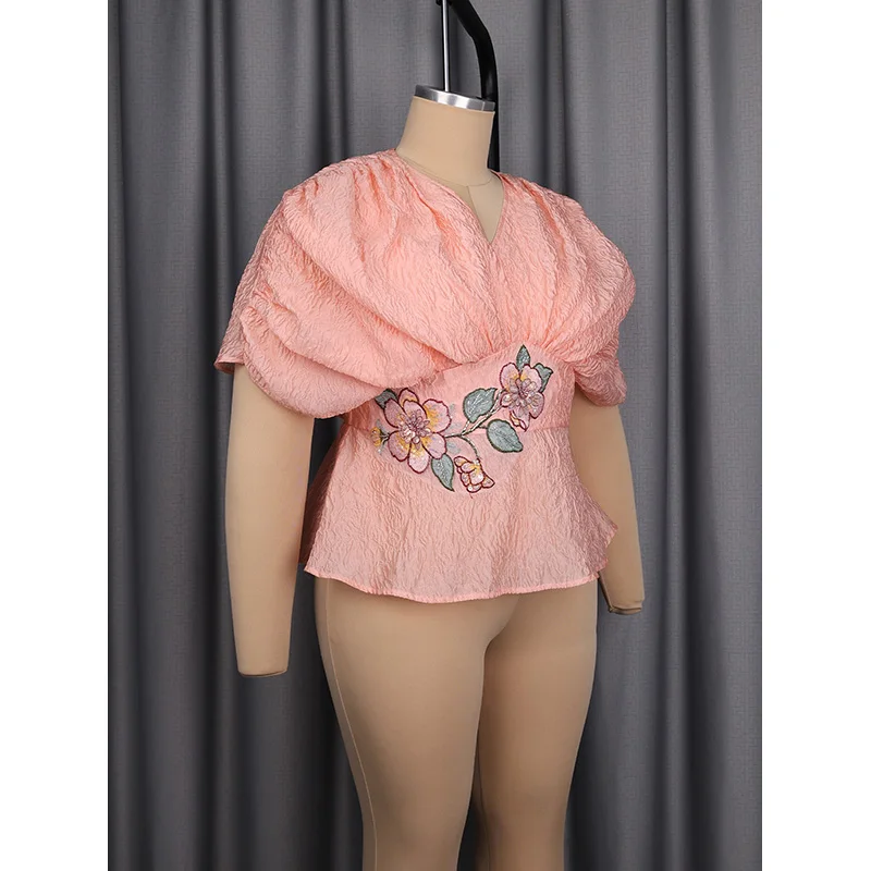 Picture 4: Slergiri Plus Size Floral Embroidery V-neck Peplum Blouse Women Summer Party Elegant Office Ladies Batwing Sleeve Shirt Tops