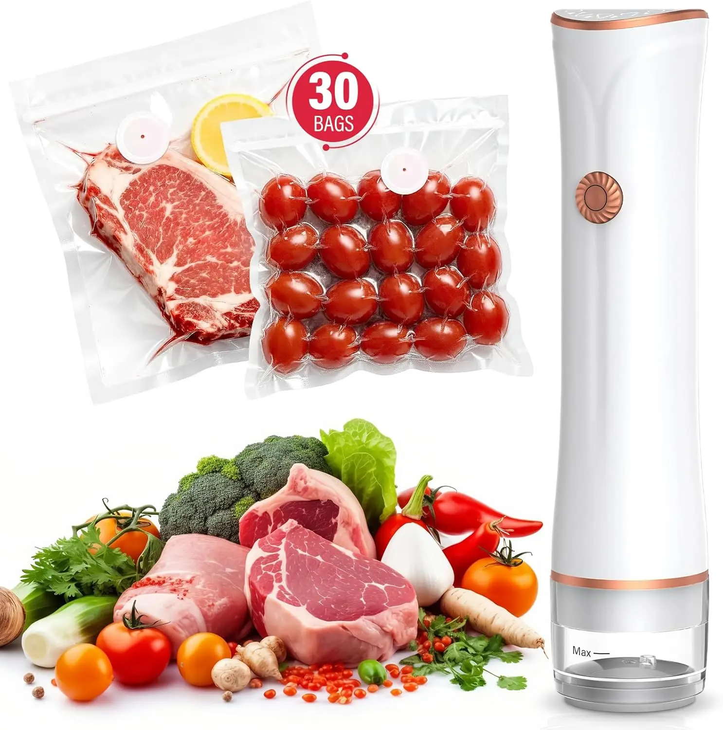 

60kPa Handheld Vacuum Sealer with 30 Reusable Bags, Type-C Rechargeable Portable Food Sealer for Freshness & Sous Vide