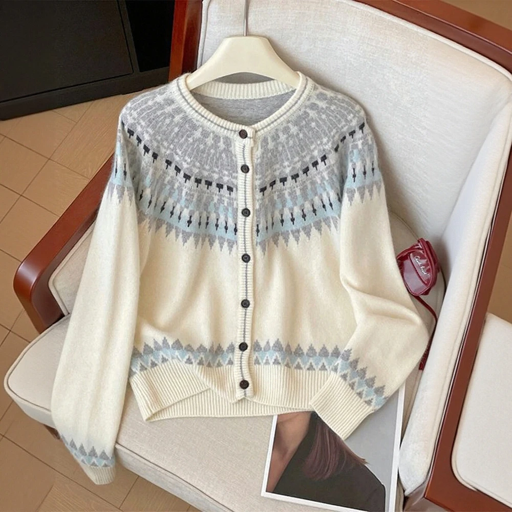 

Женские кардиганы, осенне-зимняя мода 2025 года, стильные свободные повседневные кардиганы с длинными рукавами и круглым вырезом с принтом спереди