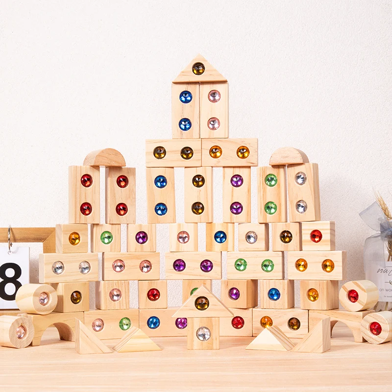 DIY Blocks Sparkling Acrylic Toy Kids Wooden Montessori Rainbow Gem Stacking Blocks Colorful Educational Wooden Creative Toys
