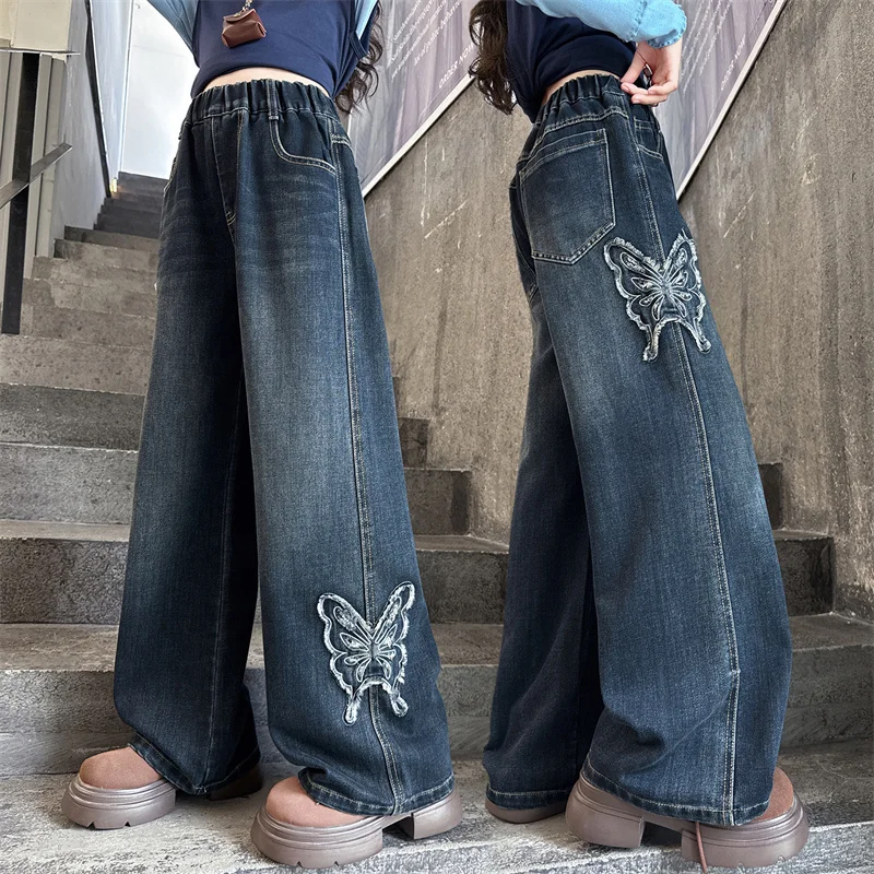 High Quality Kids Girl Butterfly Denim Jeans Children's Clothing Jeans Pants Long Trousers Age 5 6 7 8 9 10 11 12 13 14 Years