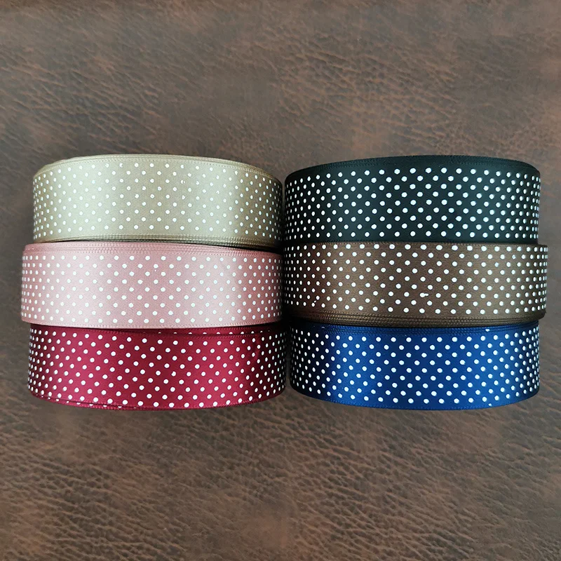 (25 Yards/Roll) 25mm Width Small Dots Printed Satin Ribbon Lovely Series  Gift Packing Christmas Decoration Ribbons Wholesale