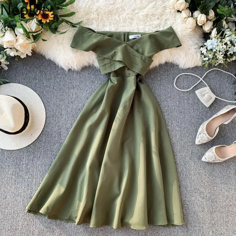 Neploe Sexy Slash Neck Spalla senza spalline Abito solido Temperamento da festa Design incrociato Abito sottile con cerniera Vita alta Ropa 47873