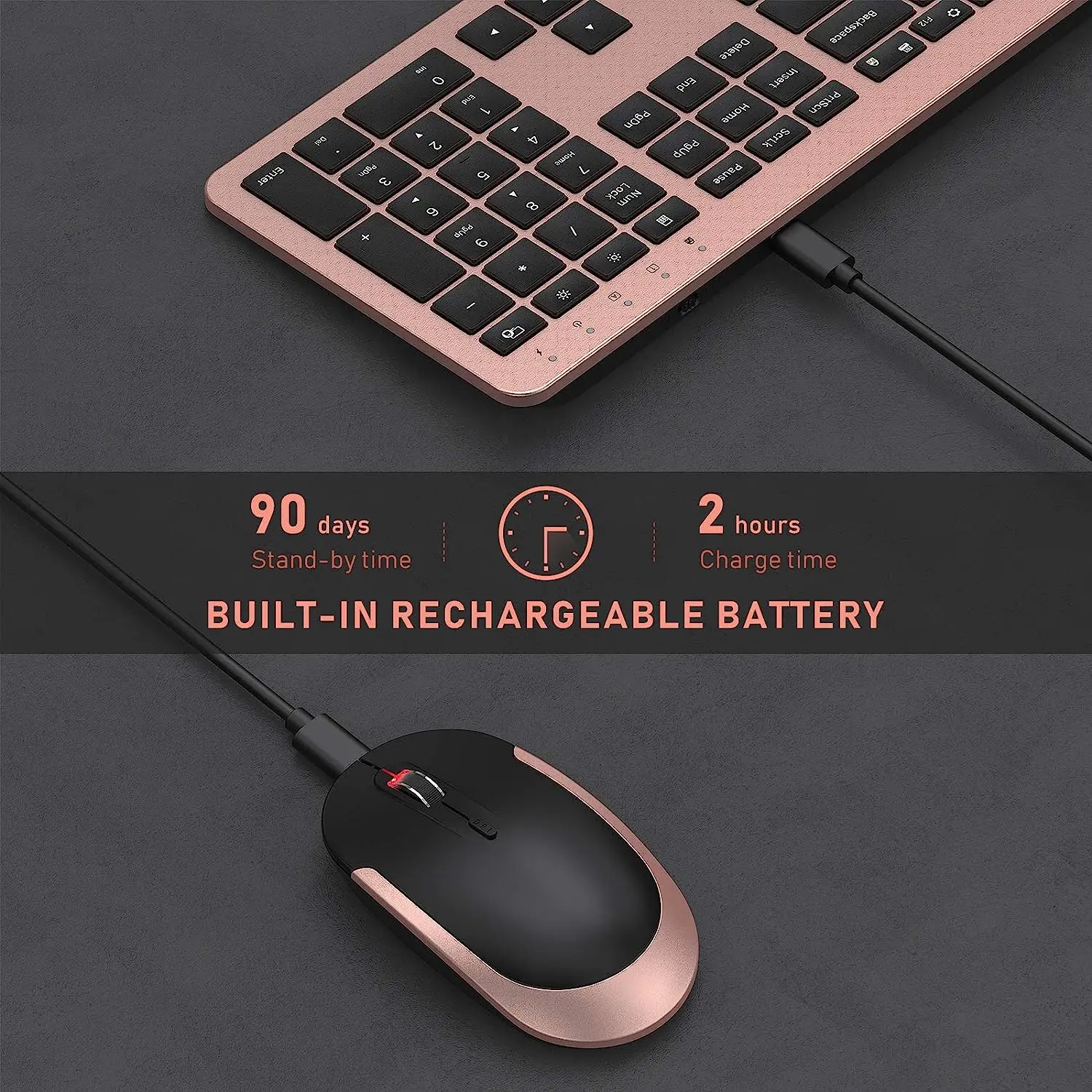 Imagem -05 - Seenda-combinação de Mouse e Teclado sem Fio Recarregável Tamanho Grande Ultrafino Silencioso sem Fio Preto Rosa Dourado