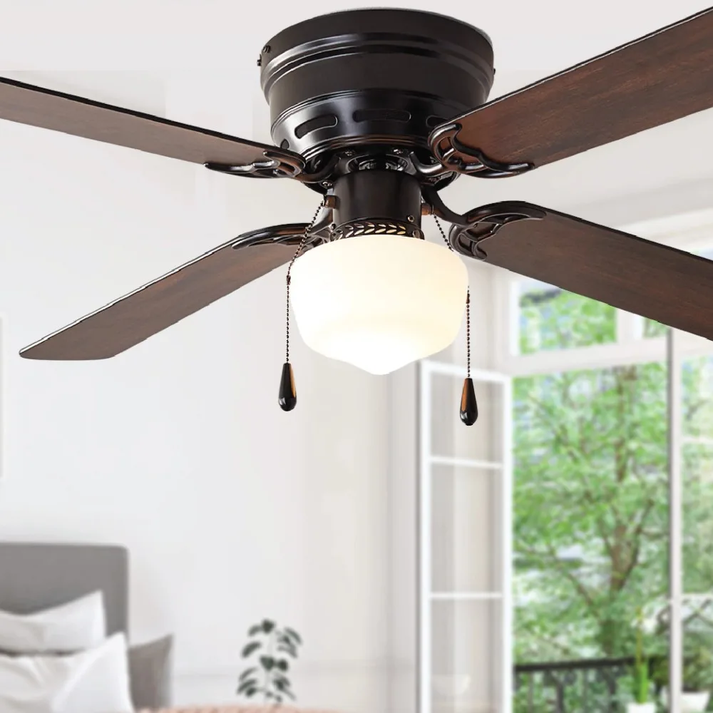 2023 New Mainstays 42 Inch Hugger Indoor Ceiling Fan with Light Kit, Black, 4 Blades, Reverse Airflow