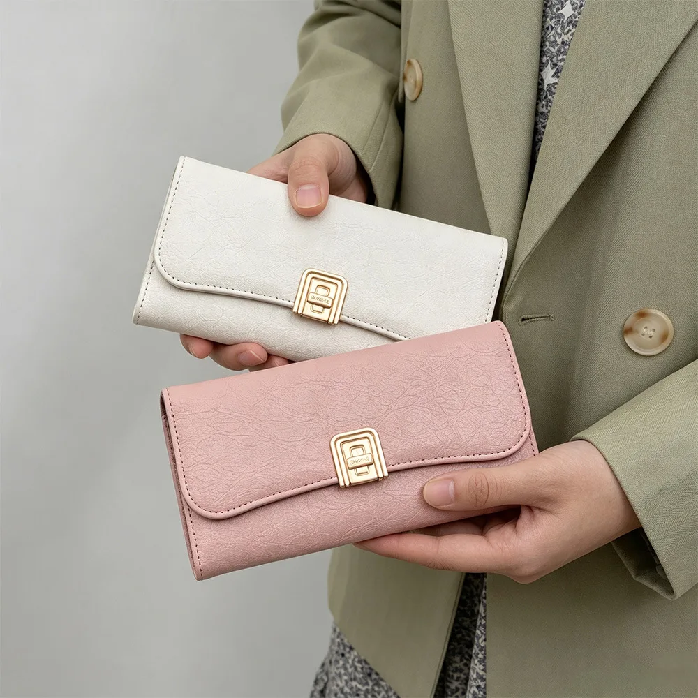 Women PU Leather Wallet Long Clutch Purse Retro Solid Card Holder Metal Lock Clasp Zipper Closure Casual Phone Bag for Ladies