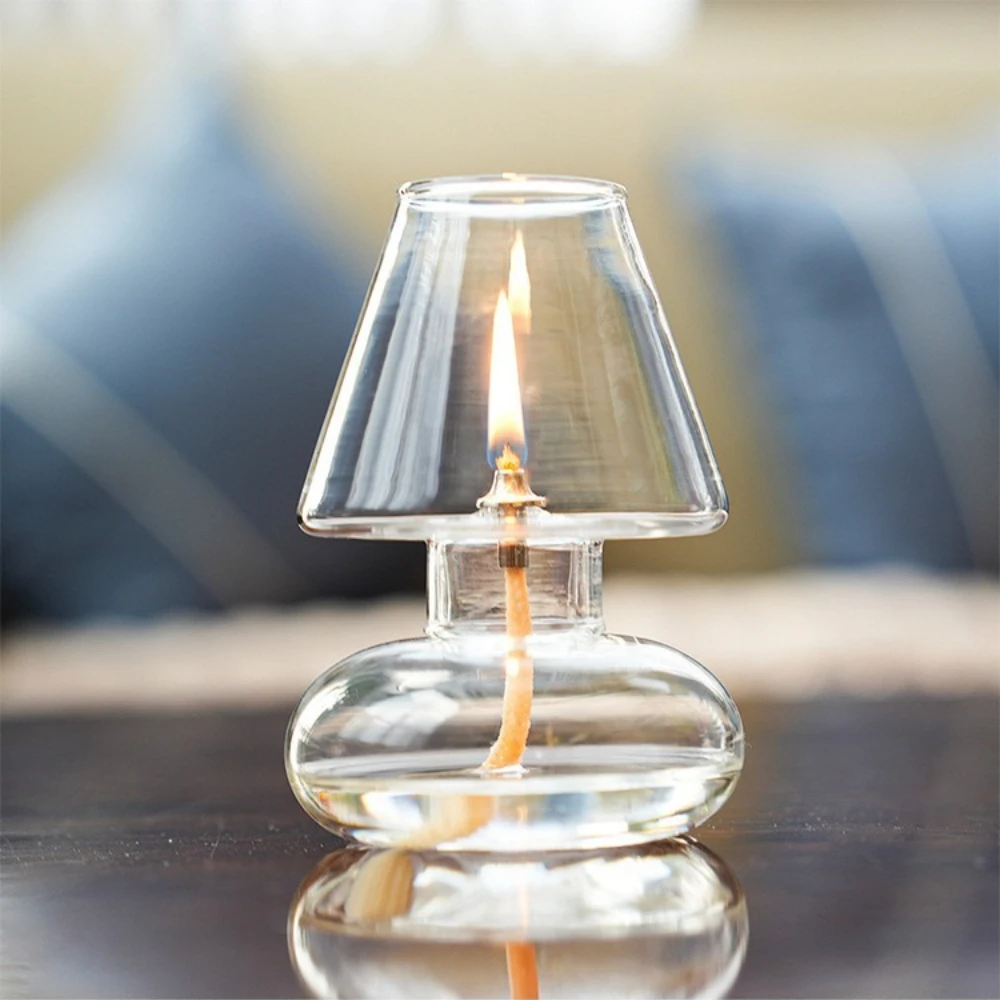 Nordic Style Glass Oil Lamp European Style Decorative Home Candle Holder Ornament with Lampshade Windproof and Crispy Oil Lamp