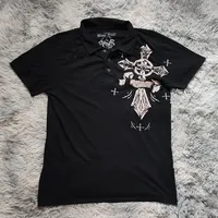 Men Classic Cotton Short Sleeve Polo Shirt Black White Print Cross Letter Wing Pattern Simple Style Skin Comfortable Soft Casual