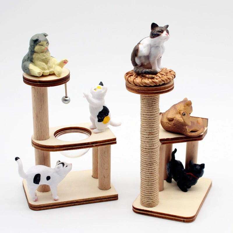 Dollhouse Mini Wooden Pet Cat Tree Tower Toys Cat Climbing Rack Doll House Mini Furniture Decor Accessories Photography Props