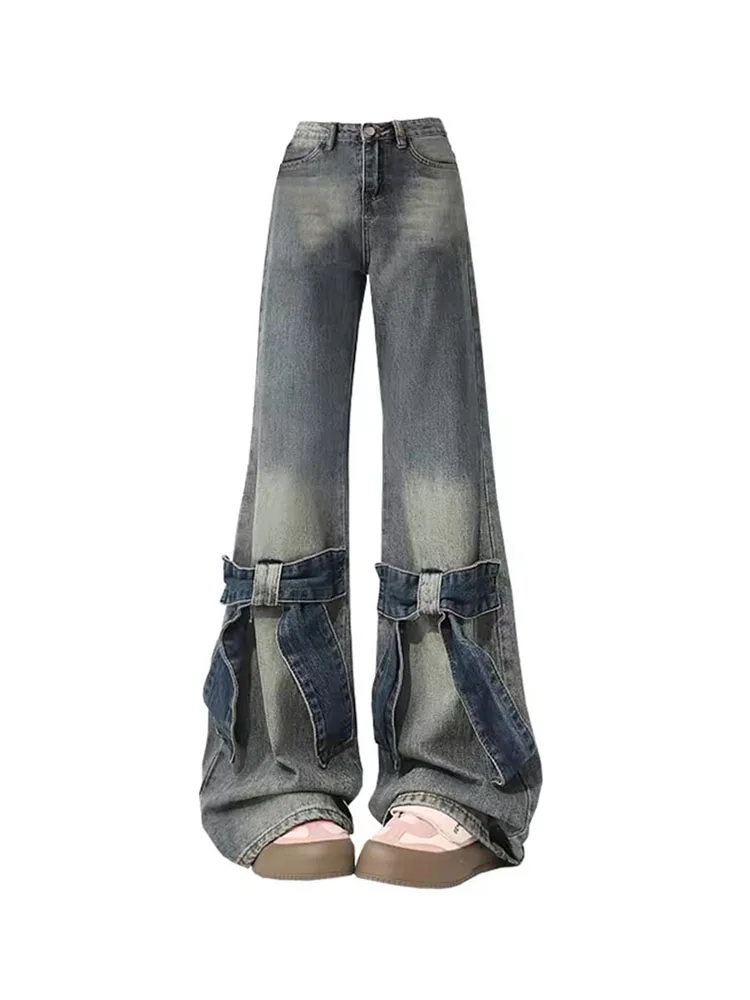 

Vintage Fashion Sexy Slim Bell Bottoms Autumn 2024 Women Bow Trend Design Jeans American Style Gyaru High Waist Denim Trousers