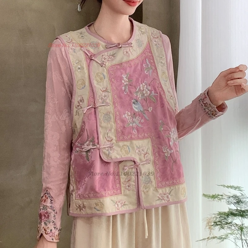 

2025 national flower embroidery o-neck vest satin jacquard folk vest traditional ethnic hanfu tops chinese sleeveless jacket