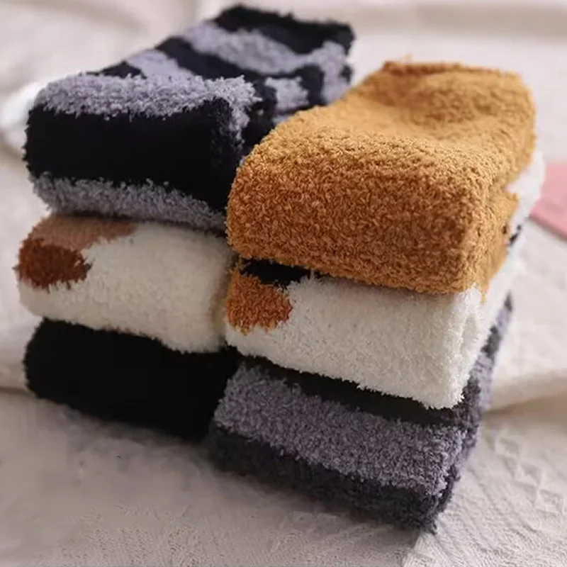 5켤레 가을 겨울 산호 벨벳 양말 귀여운 고양이 발톱 양말 여성용 소녀용 중간 길이 두꺼운 수면 홈 플로어 양말