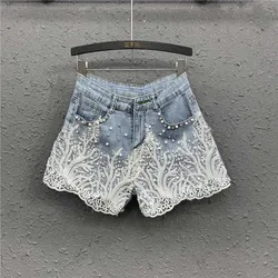 2022 Summer Beads Rhinestones Lace Flower Ladies Denim Shorts Women European High Waist Washed Hot Pants Fashion Stretchy Jeans