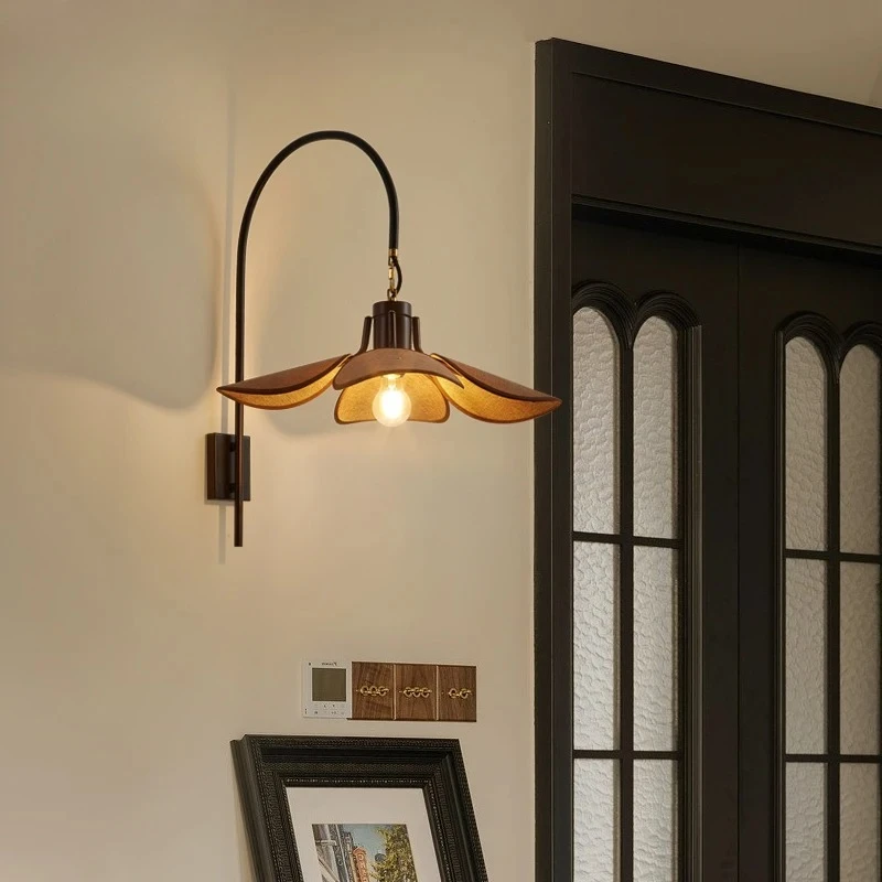 Japanese Fabric Petal Shade Curved Arm Wall Mounted Bedroom Dining Room Restaurant Cafe Corridor