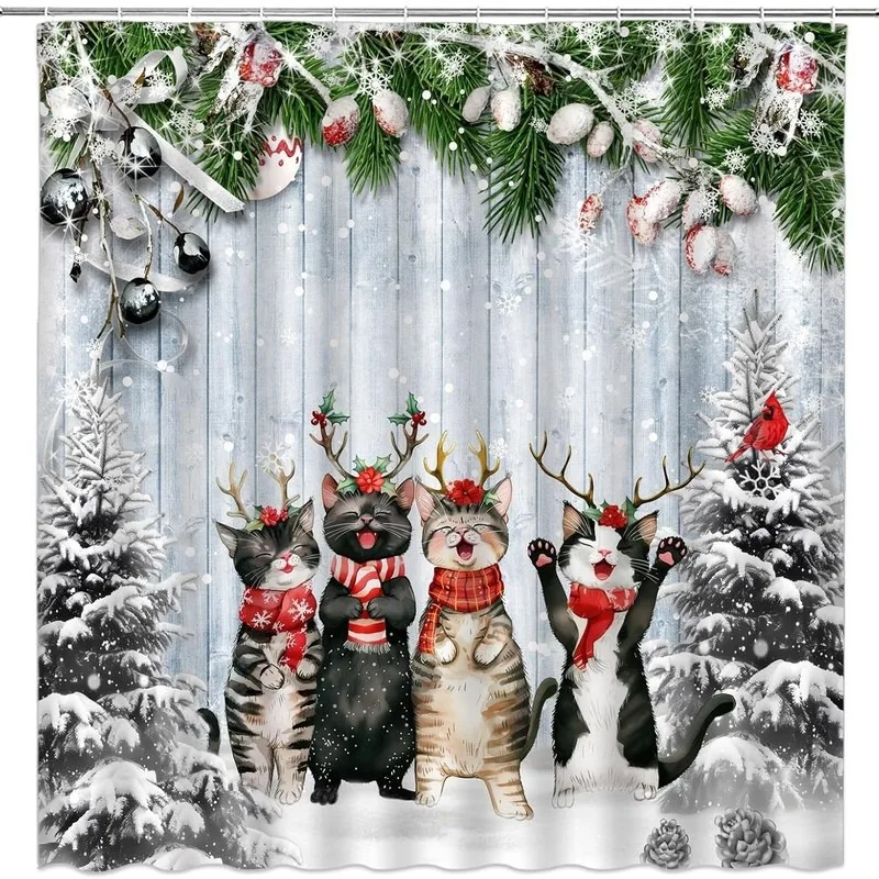 Wood Grain Deer Antler Scarf Cat Christmas Shower Curtain Bathroom Decor No Drilling 12 Hooks Cedar Print