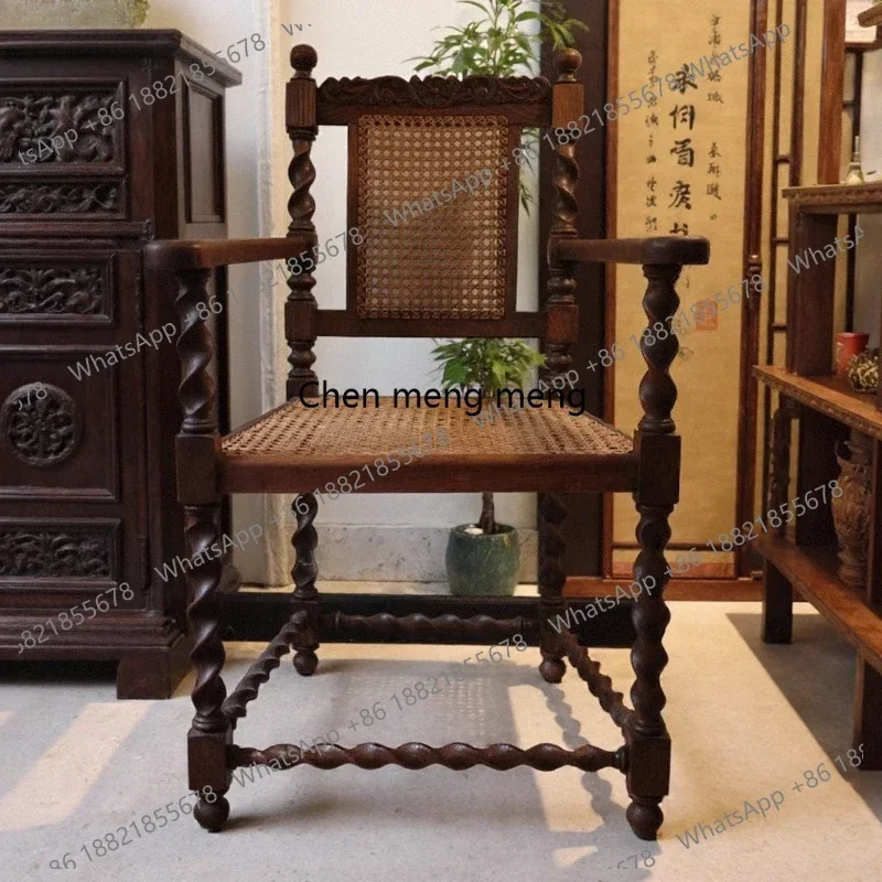 

ZJFrench antique solid wood rattan dining chair retro old carved back chair