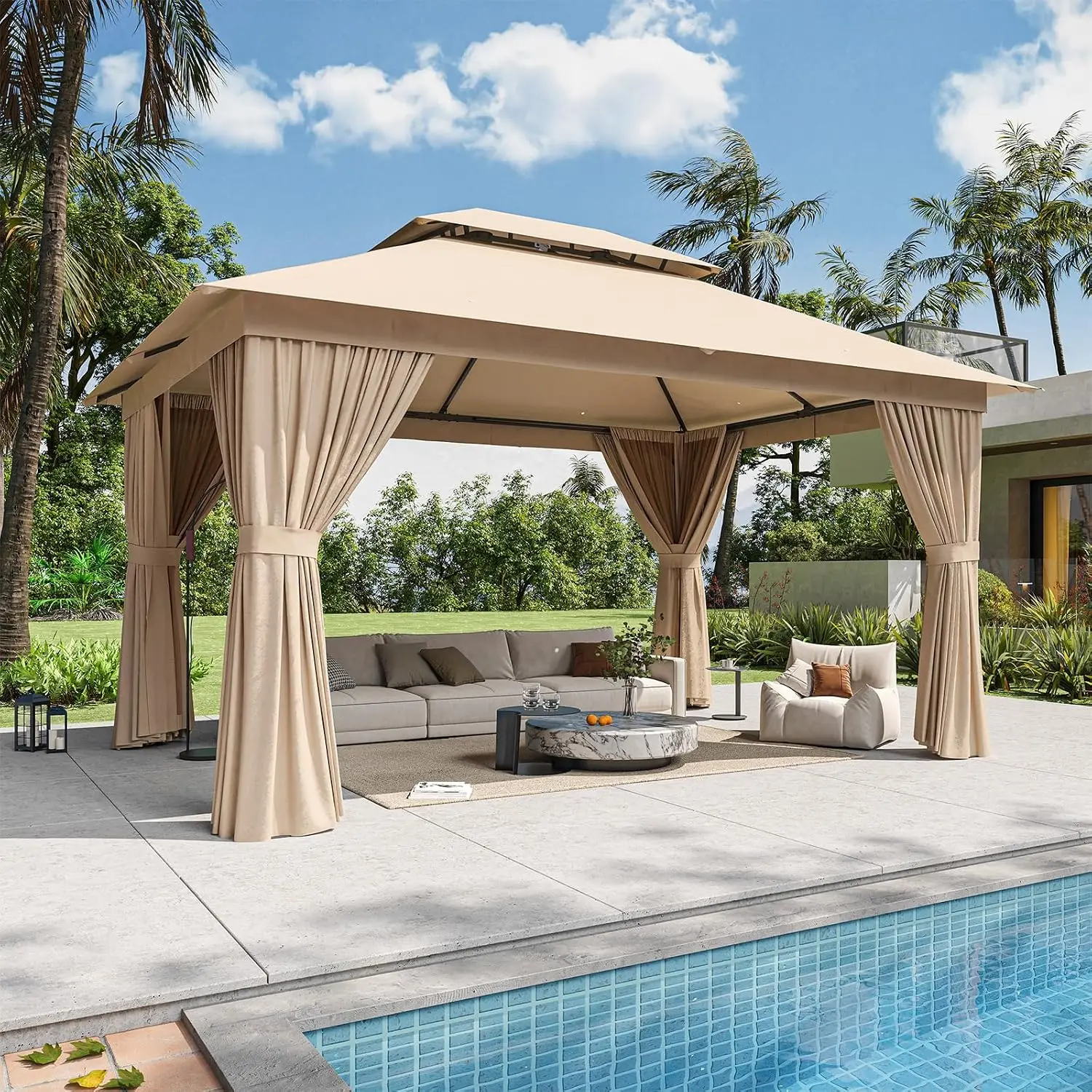 Outdoor Patio Gazebo Canopy, Freestanding Garden Sun Shade Pavilion Shelter With Ventilated Double Tiered Roof For Backyard Lawn Deck, Modern Beige, One Piece