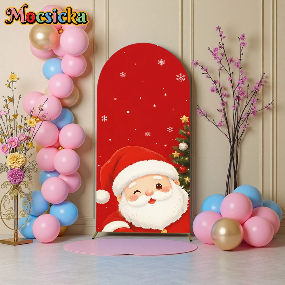 Mocsicka Red Christmas Arch Backdrop Cover Santa Claus Xmas Tree Snowflake Arched Photography Background Kids Party Photo Props