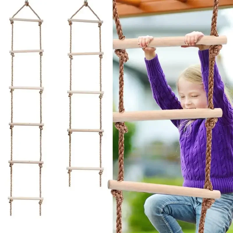 Kids Wooden Ladder Outdoor Activity Safe Sports Rope Swing Wooden Rope Ladder Multi Rungs Climbing Game Garden Sports Climbing