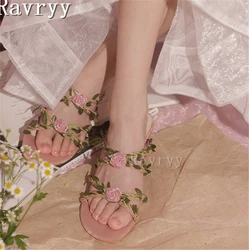 Pink Flower Vine Slippers Lovely Women Vacation Sandals Fairy Style Round Open Toe High Heel Party Wedding Shoes