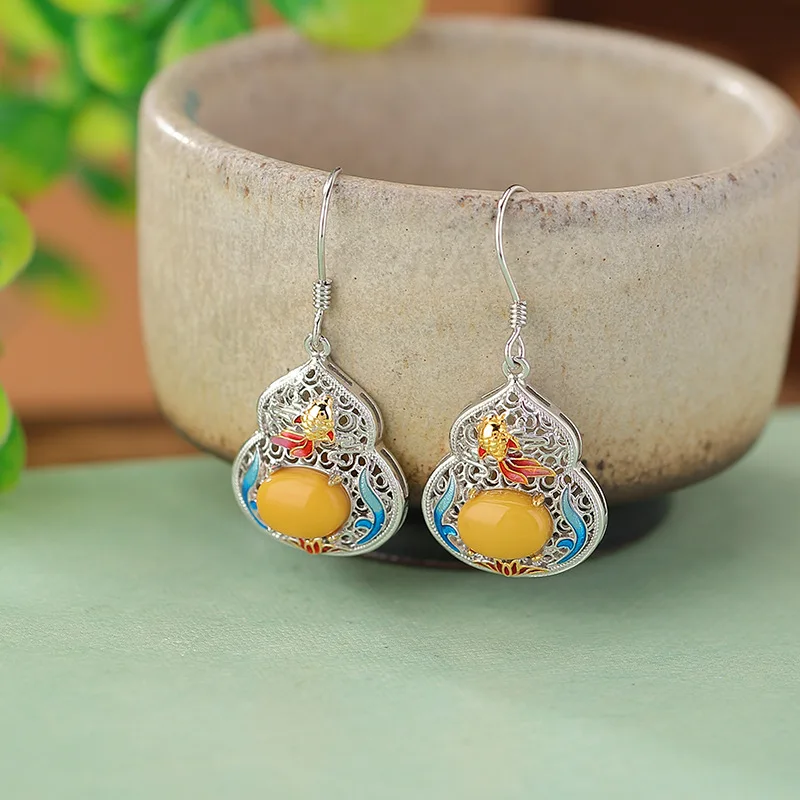 

S925 Sterling Silver Gold-Plated Amber Cloisonné Carp Gourd Earrings Hollow Ear Hooks