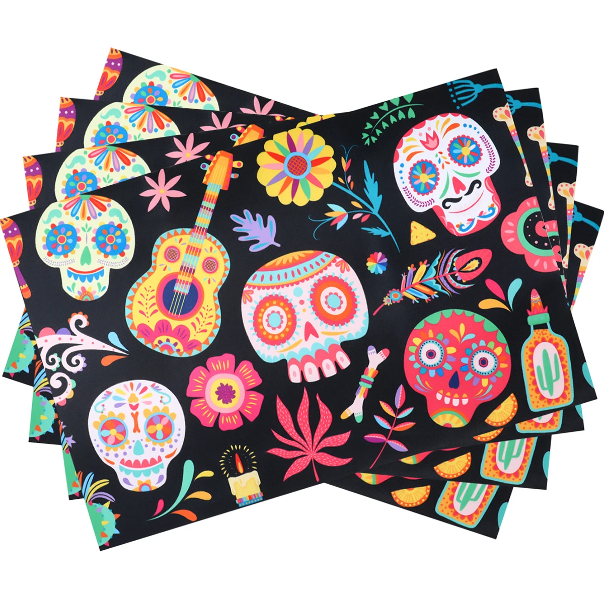 4pcs Mexican Style Colorful Skull Placemats Dia Muertos Decor and Table Protection Day of The Dead Home Supplies Decoration Mat